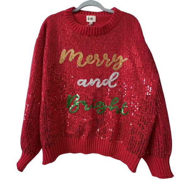 BIBI Sequin Christmas Sweater Merry and Bright Red Holiday XL - Picture 7 of 7